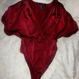 Red silky v-neck body suit. Worn once!! Forever 21.❤️